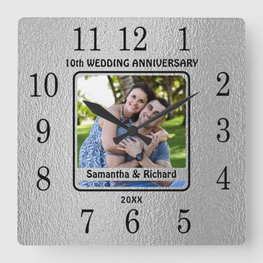 10th Year 結婚 Coule's Tin Anniversary Photo スクエア壁時計 (正面)