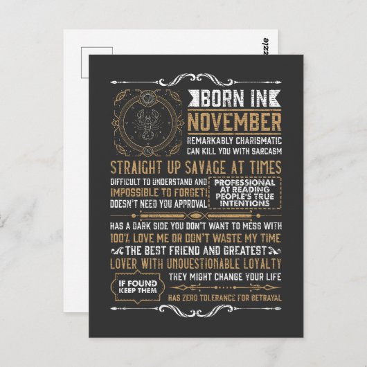 11おもしろい生まれ月の誕生日蠍座〔占星術の〕十二宮図Sig ポストカード (正面/裏面)