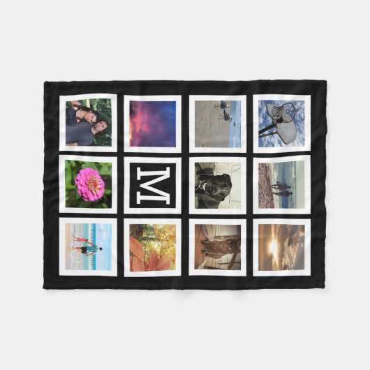 11の写真のコラージュのモザイク正方形フレームのモノグラム フリースブランケット (正面(横))