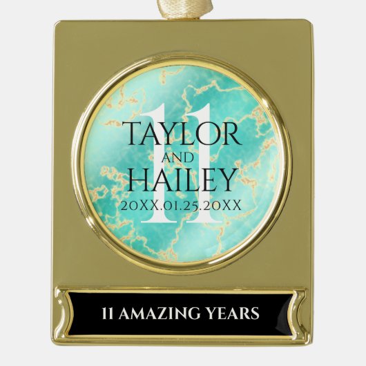 11エレガントターコイズ結婚記念日 ゴールドプレートバナーオーナメント (正面)