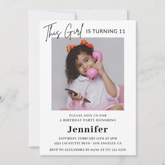 11エレガント歳の誕生日の招待フォトガールモダン 招待状 (正面)