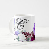 11オズ。コーヒーマグラベンダーハイビスカスオンホワイト コーヒーマグカップ (正面左)