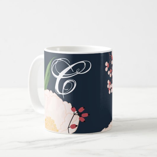 11オズ。コーヒーマグ白いフローラ花オンダークブルー コーヒーマグカップ (正面左)