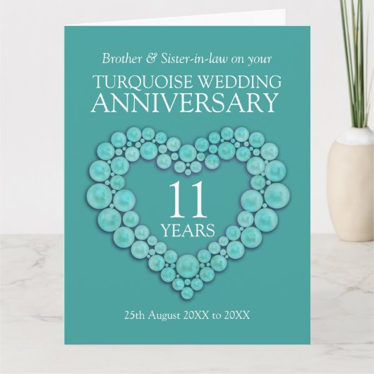 11ターコイズ結婚記念日ハートカード カード (正面)