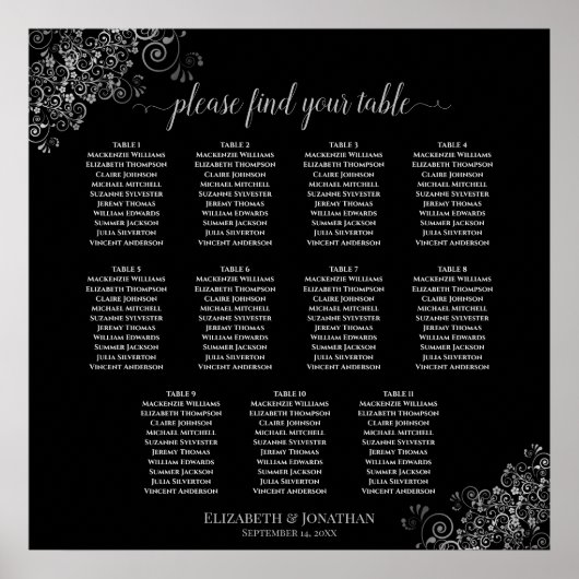 11テーブルシルバーフリル結婚ズのシーティンググラフブラック ポスター (正面)