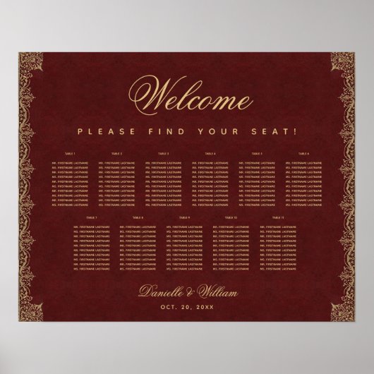 11テーブルブルゴーニュ赤ヴィンテージ金ゴールドシーティングチャート ポスター (正面)