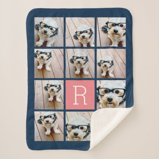 11フォトコラージュとビッグモノグラムブルーピーチ シェルパブランケット (正面)
