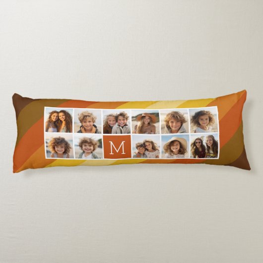 11フォトコラージュレトロストライプズ暖かいサンセットカラー ボディピロー (裏面)