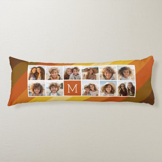 11フォトコラージュレトロストライプズ暖かいサンセットカラー ボディピロー (正面)