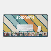 11フォトコラージュレトロストライプ – 青と金ゴールド デスクマット (キーボード&マウス)