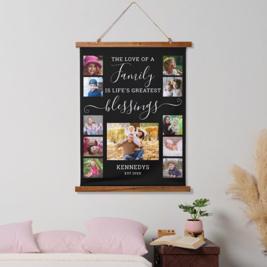 11フォトモダンコラージュ家族ラブ引用文ブラック 吊り下げ型タペストリー (寝室)