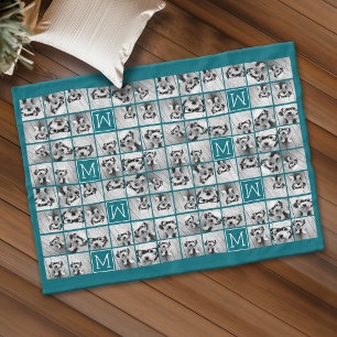 11写真コラージュウィズカスタムモノグラムブルー フリースブランケット