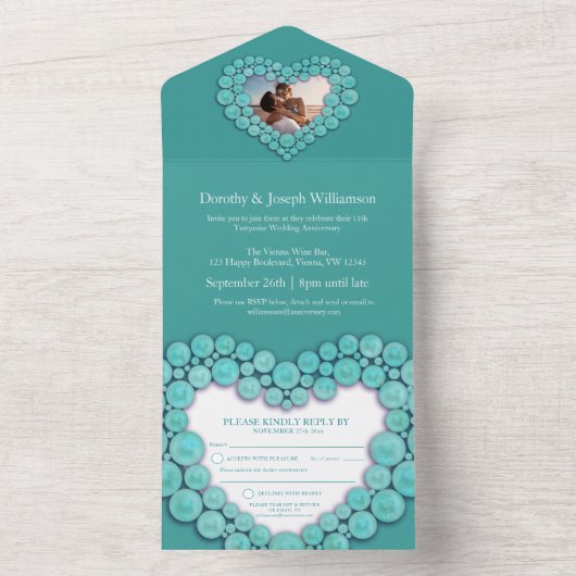 11周年ターコイズの結婚記念日写真 オールインワン招待状 (内側)