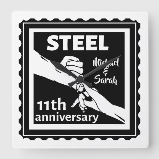 11周年結婚の手を持って スクエア壁時計 (正面)