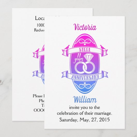 11年目の伝統的なスチール 11周年結婚記念日 招待状 (正面/裏面)