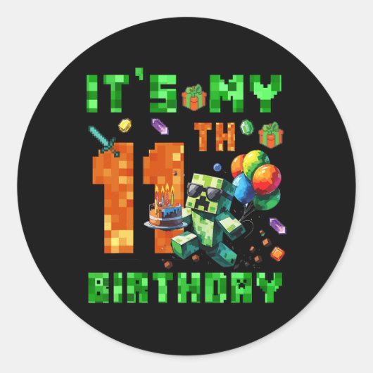 11才の誕生日ピクセル数字ビデオゲーム ゲーム ラウンドシール (正面)