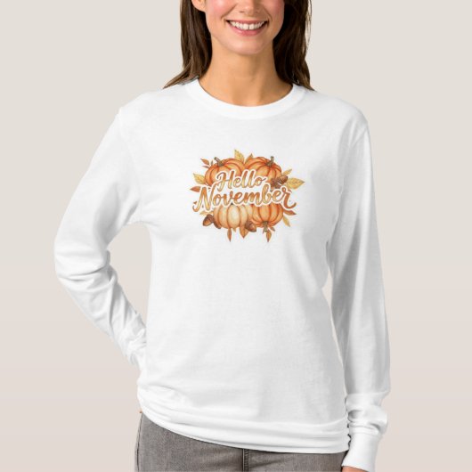 11月こんにちは - あたたかな秋のデザイン Tシャツ (正面)