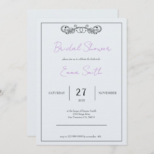 「11月のエレガンス」カスタマイズ可能ブライダルシャワー 招待状 (正面/裏面)