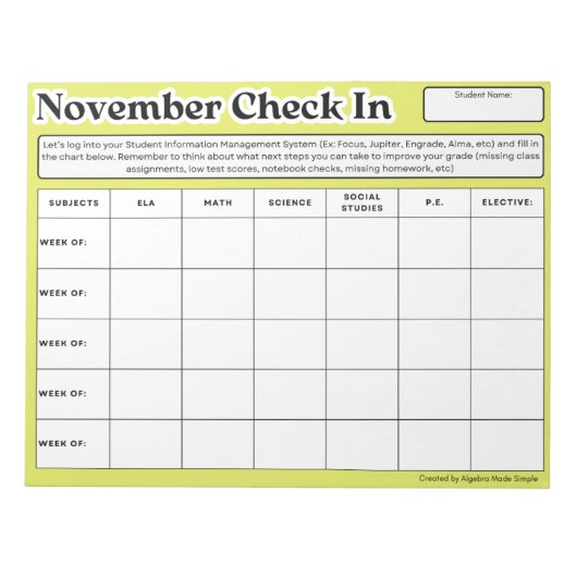 11月の学生チェックインの週次成績 ノートパッド (正面)