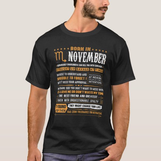 11月の誕生日贈生まれり物 –  11月の蠍座 Tシャツ (正面)