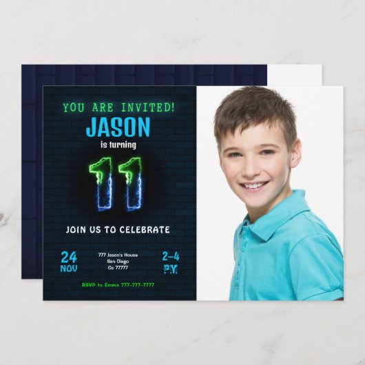 11歳の男の子の誕生日写真招待状 招待状 (正面/裏面)