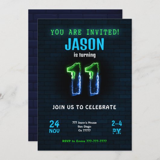 11歳の男子の誕生日パーティー招待状 招待状 (正面/裏面)