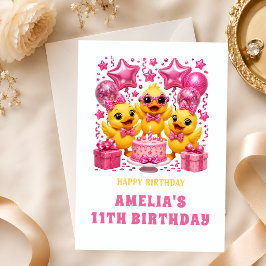 11歳の誕生日おめでとう かわいいアヒルの子のピンクパーティーカード カード