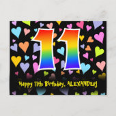 11歳の誕生日おめでとう：ハートの楽しい模様、虹色の11 ポストカード (正面)