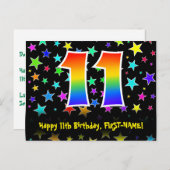 11歳の誕生日おめでとう：楽しいスターパターン、虹11、名前 ポストカード (正面/裏面)