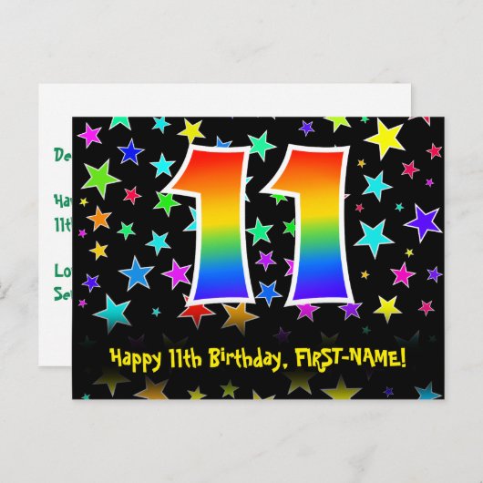 11歳の誕生日おめでとう：楽しいスターパターン、虹11、名前 ポストカード (正面/裏面)