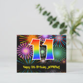 11歳の誕生日おめでとう - 楽しい花火模様 + レインボー11 ポストカード (スタンド正面)