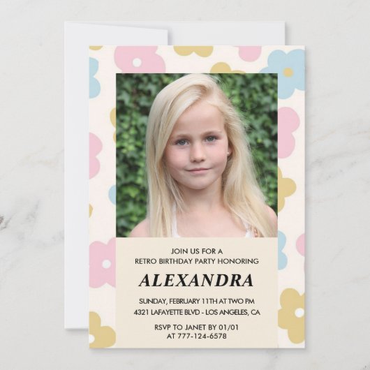 11歳の誕生日の招待レトロGroovy花かわいい 招待状 (正面)