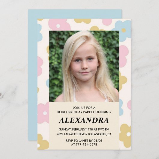 11歳の誕生日の招待レトロGroovy花かわいい 招待状 (正面/裏面)