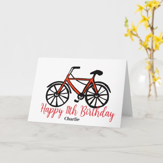 11歳の誕生日の赤い自転車 カード (黄色い花)