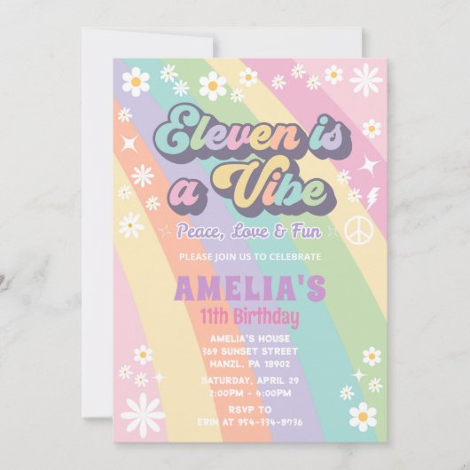 11歳の誕生日はビューティフルなバイブ 🎉 レトロなカード 招待状 (正面)