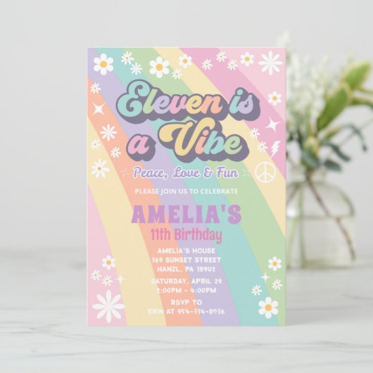 11歳の誕生日はビューティフルなバイブ 🎉 レトロなカード 招待状 (スタンド正面)
