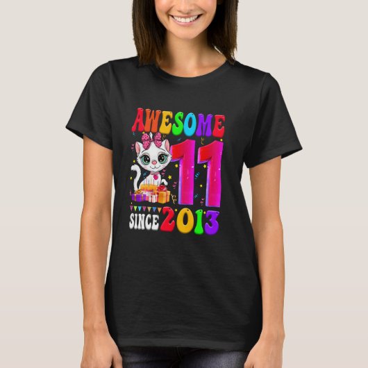 11歳の誕生日を迎える女の子のパーティー 可愛い猫 Tシャツ (正面)