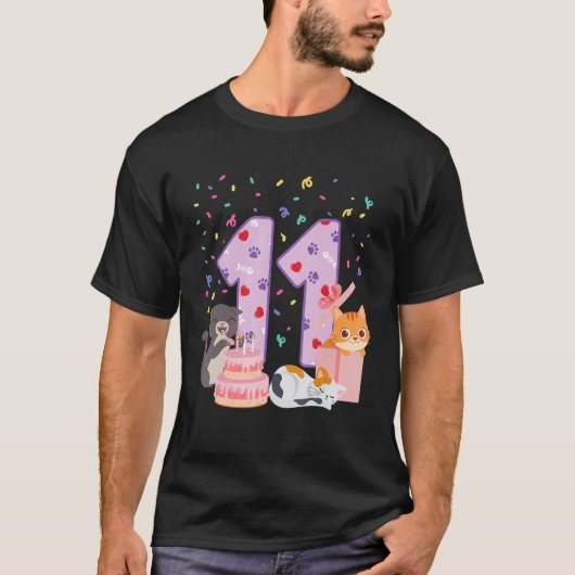 11歳の誕生日を迎える女の子の可愛い猫グッズ 11歳 Tシャツ (正面)
