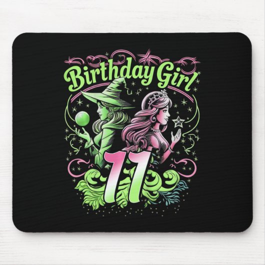 11歳の誕生日を迎える女の子 魔法使い ピンクとグリーン 11歳 マウスパッド (正面)