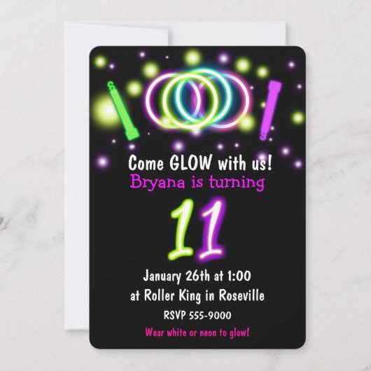11歳の誕生日パーティーのご招待状 GLOW Lights 招待状 (正面)