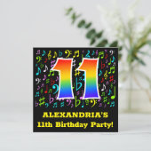 11歳の誕生日パーティー：おもしろいミュージックシンボル，レインボー11 招待状 (スタンド正面)