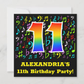 11歳の誕生日パーティー：おもしろいミュージックシンボル，レインボー11 招待状 (正面)