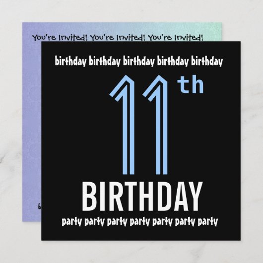 11歳の誕生日パーテモダンィー青と黒のW690 招待状 (正面/裏面)