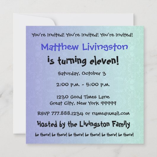 11歳の誕生日パーテモダンィー青と黒のW690 招待状 (裏面)