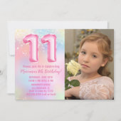 11歳の誕生日フォトピンクレインボー 招待状 (正面)