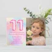 11歳の誕生日フォトピンクレインボー 招待状 (スタンド正面)