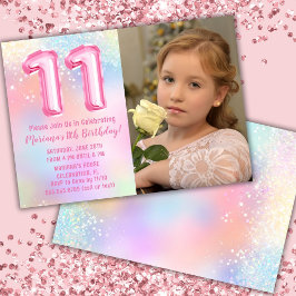 11歳の誕生日フォトピンクレインボー 招待状