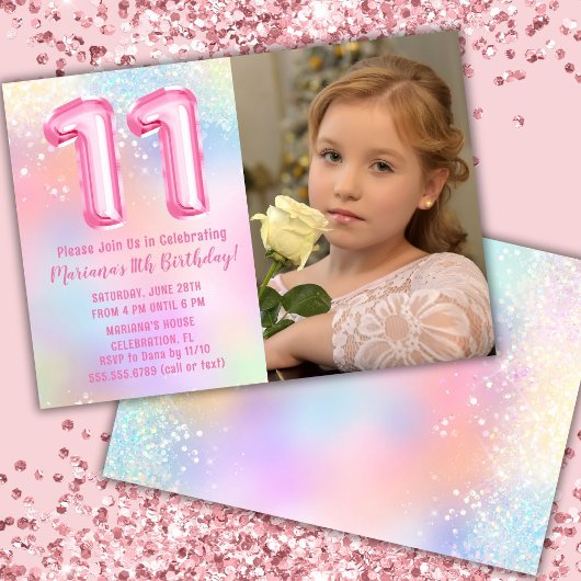 11歳の誕生日フォトピンクレインボー 招待状