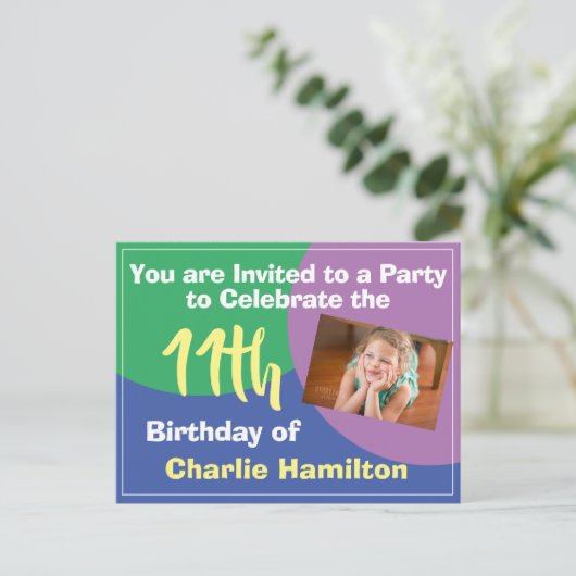 11歳の誕生日写真付きポストカード招待状 ポストカード (スタンド正面)