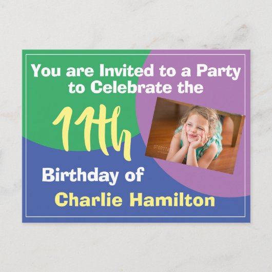 11歳の誕生日写真付きポストカード招待状 ポストカード (正面)